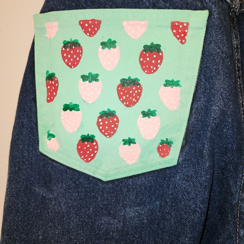 Handpainted Strawberry Wrangler Jeans - Picture 4 of 7